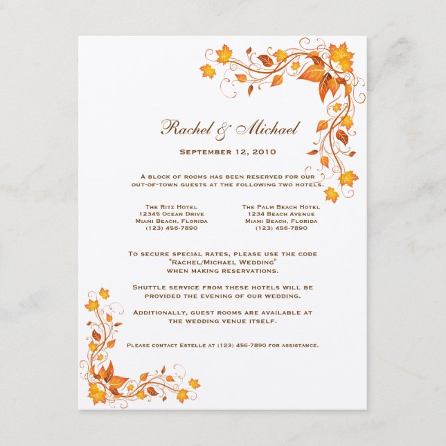 Tarjeta de alojamiento Boda de follaje otoñal (Anverso)