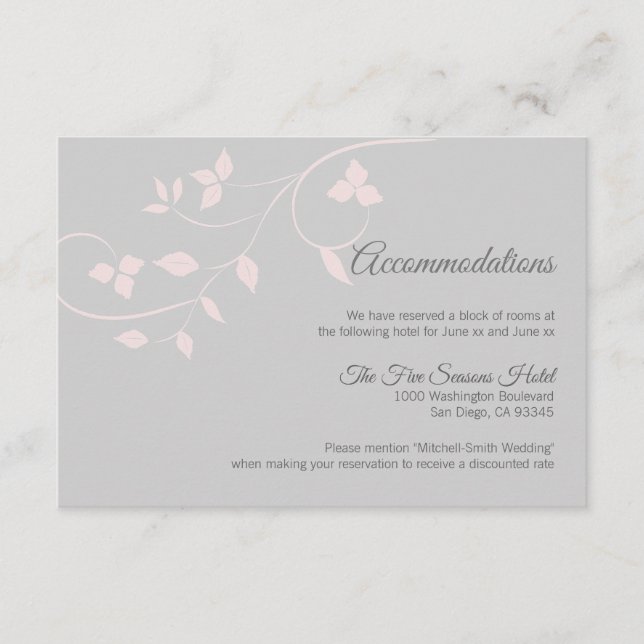 Tarjeta de alojamiento Boda Rubor Pink Gray Vine (Anverso)
