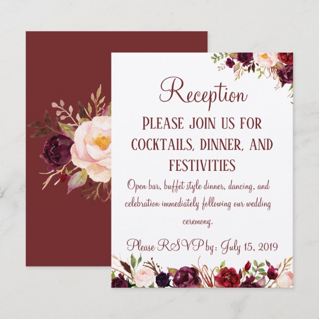 Tarjeta de alojamiento de boda con recepción flora (Anverso / Reverso)