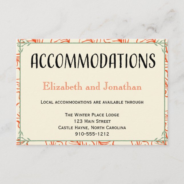 Tarjeta de alojamiento de Boda Rústico naranja y V (Anverso)