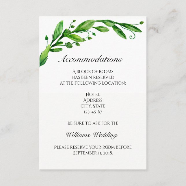 Tarjeta de alojamiento. Detalles del boda verde. I (Anverso)