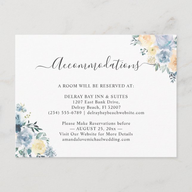 Tarjeta de alojamiento floral azul de vainilla (Anverso)