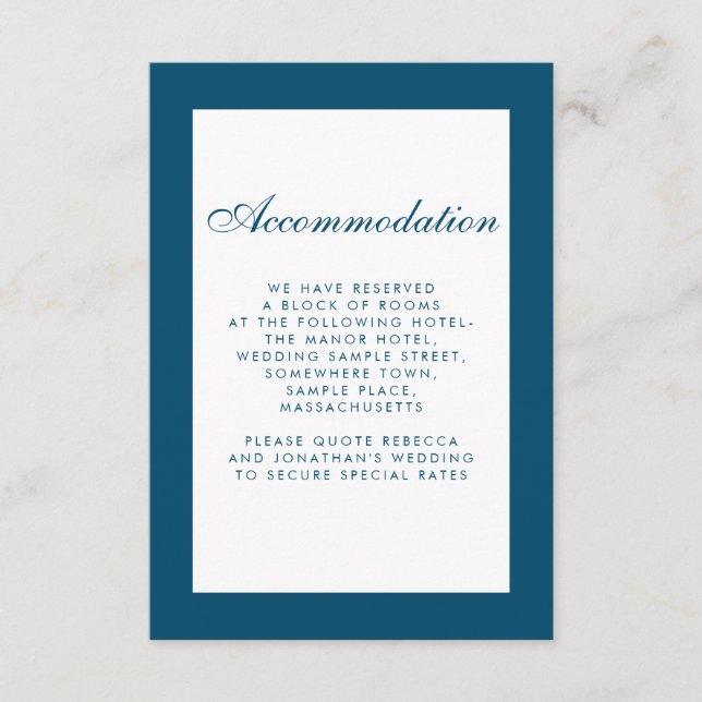 Tarjeta de alojamiento mínima de Boda azul (Anverso)