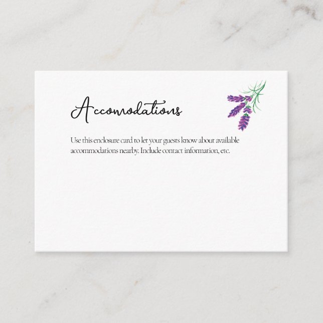 Tarjeta de alojamiento para Boda Lavender (Anverso)
