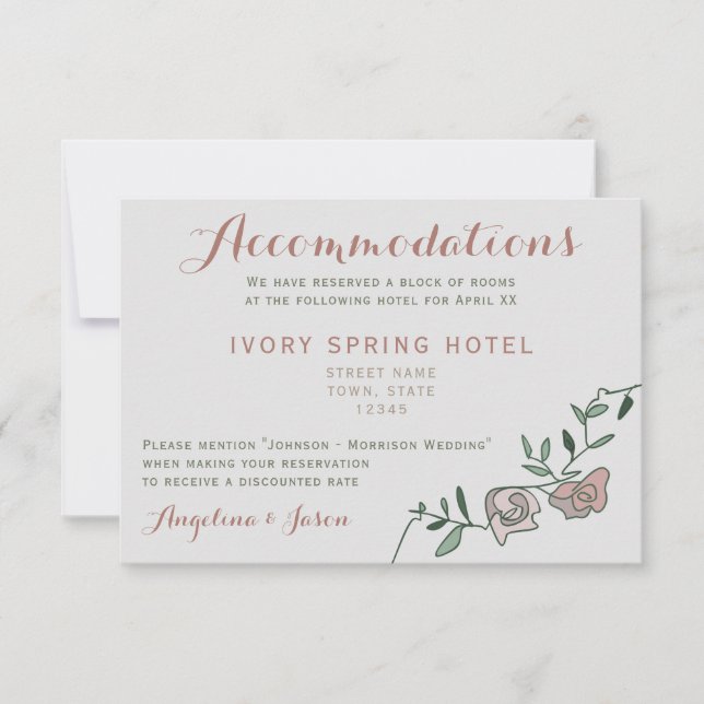 Tarjeta de alojamiento para Bodas con Rosa de flor (Anverso)