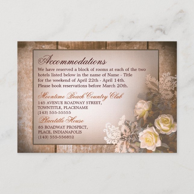 tarjeta de alojamiento para bodas de rosas de époc (Anverso)