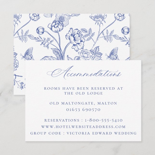 Tarjeta de alojamiento Regency Blue Floral Boda (Anverso / Reverso)