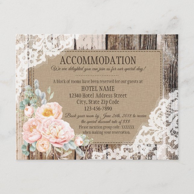 Tarjeta de alojamiento Rustic Peony Floral Wood La (Anverso)