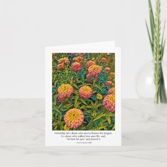 Tarjeta de amistad con flores de zinnia (Anverso)