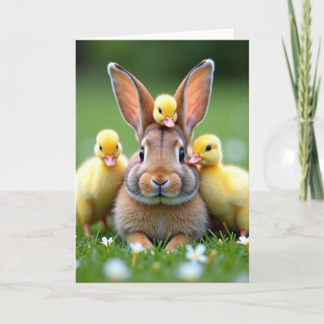 Tarjeta de amistad de conejito y pájaros (Anverso)
