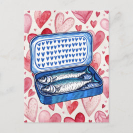 Tarjeta de amor con corazones y sardinas vintage e