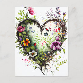 Tarjeta de amor con flores de acuarela y corazón v