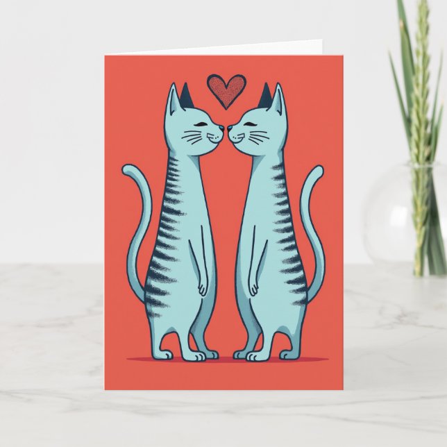Tarjeta de amor de gatos besando corazón (Anverso)