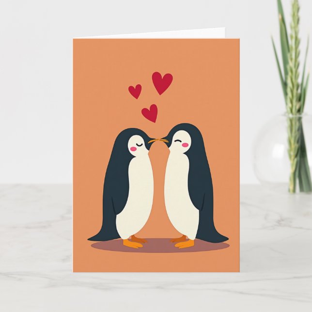 Tarjeta de Amor de Pareja de Pingüinos Besándose (Anverso)