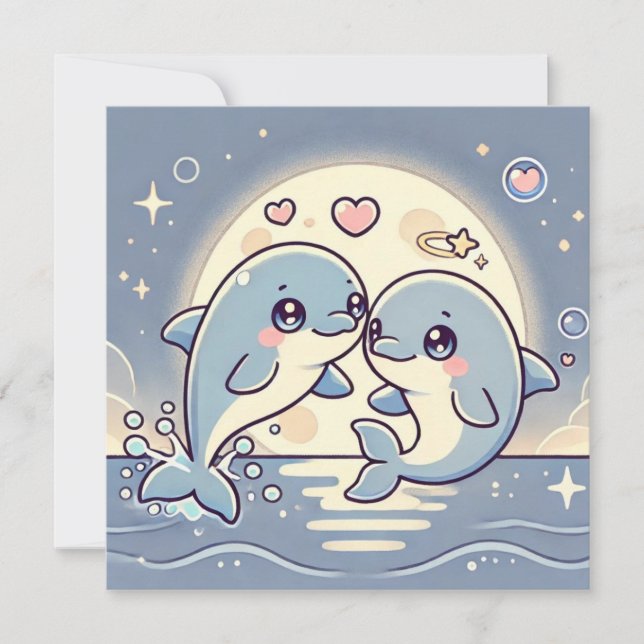 Tarjeta de amor para delfines iluminados por luna (Anverso)