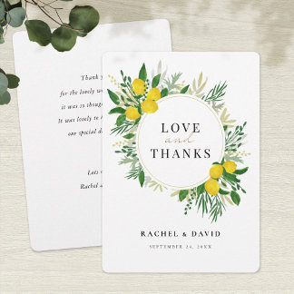 Tarjeta de amor y agradecimiento de boda con limón