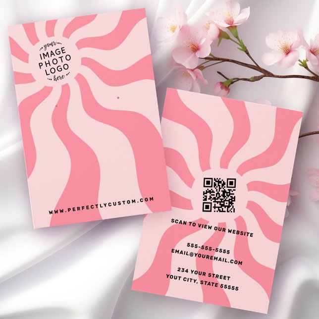 Tarjeta de anclaje del logotipo del girasol rosado (Retro sunburst swirl pink sun logo earring card)