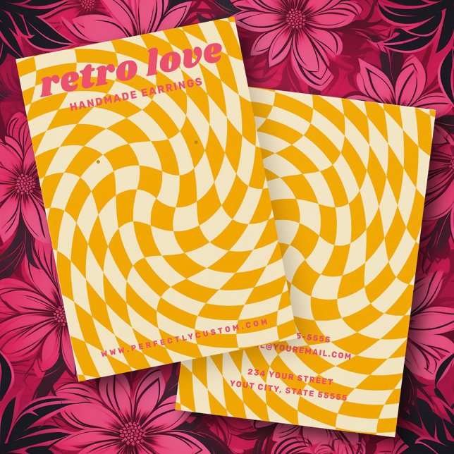 Tarjeta de anillo amarillo de ondulación giratoria (Retro checkerboard swirl wave yellow earring card)