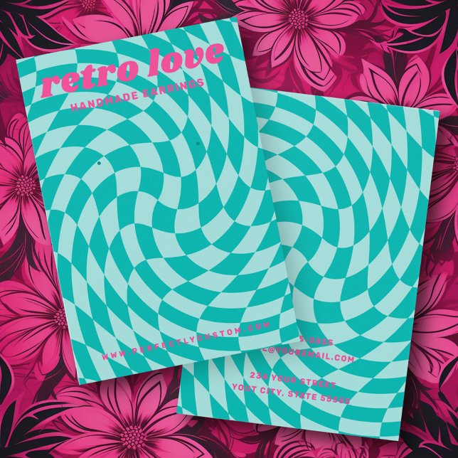 Tarjeta de anillo azul retro con girasol de tabler (Retro checkerboard swirl aqua blue earring card)