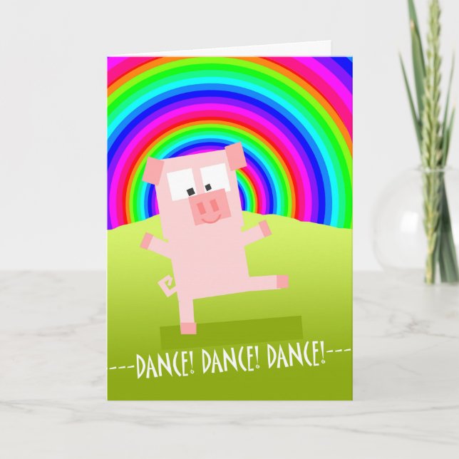 Tarjeta de ánimo con cerdo bajo arcoíris, ¡Baila! (Anverso)