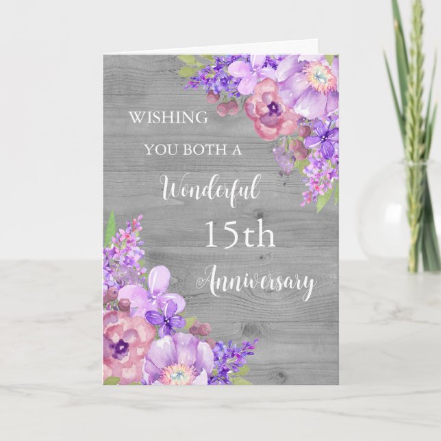 Tarjeta de aniversario 15° Boda de Purple Floral (Anverso)
