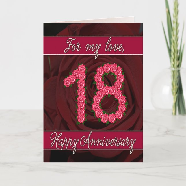 tarjeta de aniversario 18 con rosas y hojas (Anverso)