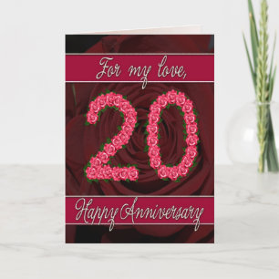 tarjeta de aniversario 20 con rosas y hojas