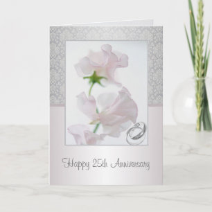 Tarjeta de aniversario 25. Flores, anillos, estamp