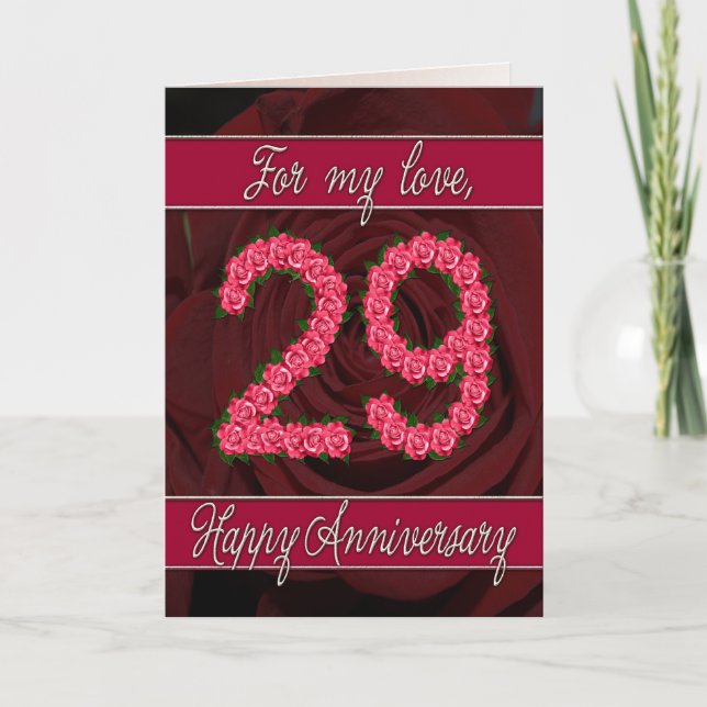 tarjeta de aniversario 29 con rosas y hojas (Anverso)