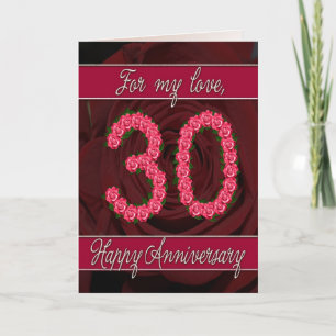 tarjeta de aniversario 30 con rosas y hojas