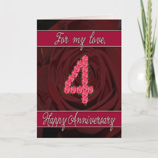 tarjeta de aniversario 4º con rosas y hojas (Anverso)