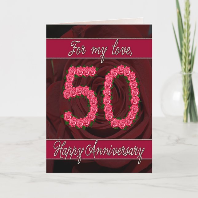 tarjeta de aniversario 50 con rosas y hojas (Anverso)