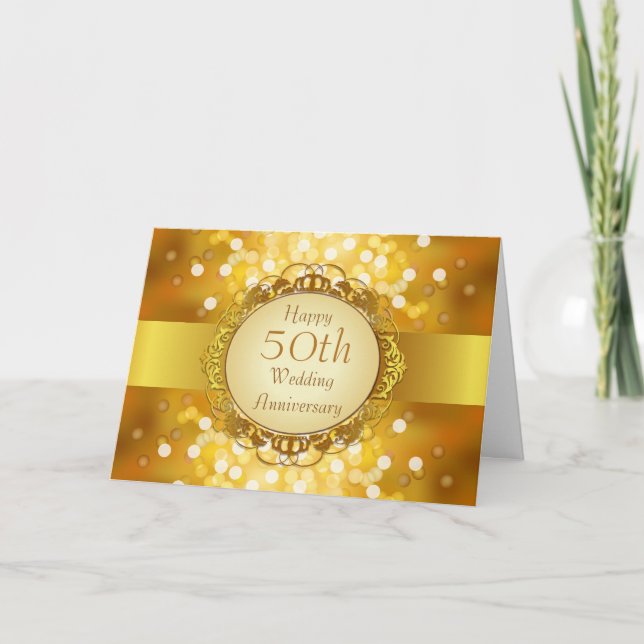 Tarjeta de aniversario 50 de Golden Bokeh (Anverso)