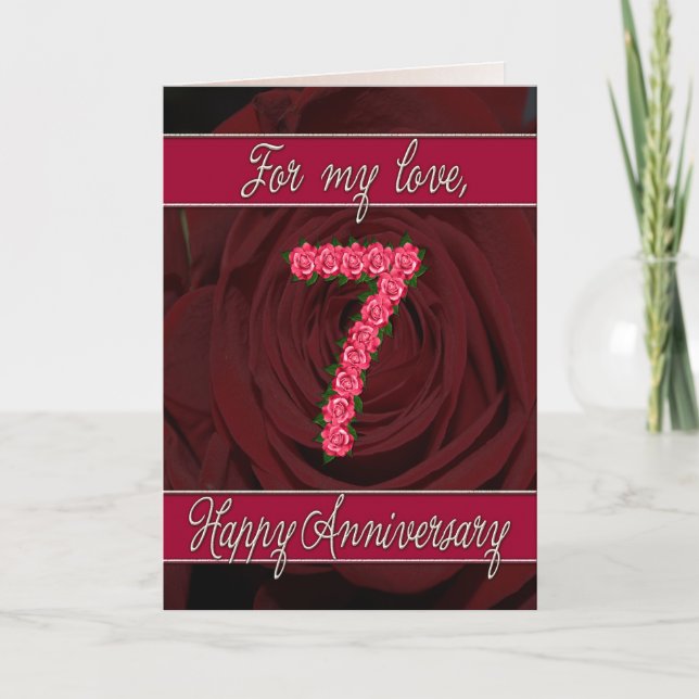 Tarjeta de aniversario 7 con rosas y hojas (Anverso)