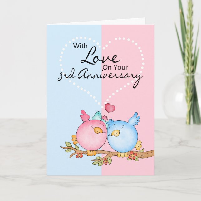 tarjeta de aniversario - aves amorosas en el terce (Anverso)