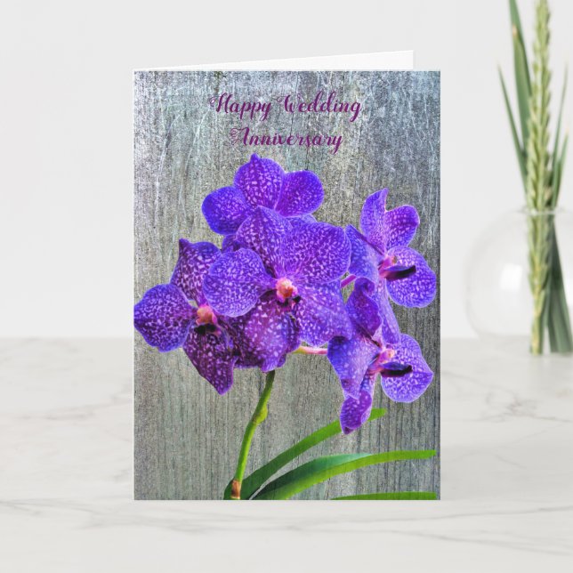 Tarjeta de aniversario boda con orquídeas púrpura (Anverso)