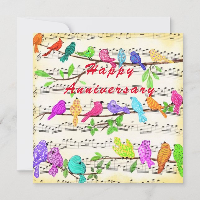 Tarjeta de aniversario con aves musicales felices (Anverso)