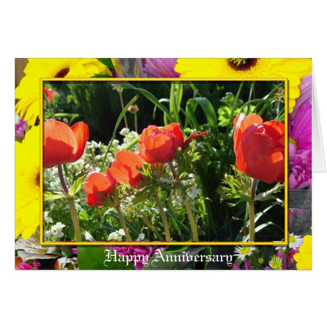 Tarjeta de aniversario con flores de jardín rojas (Anverso (Horizontal))