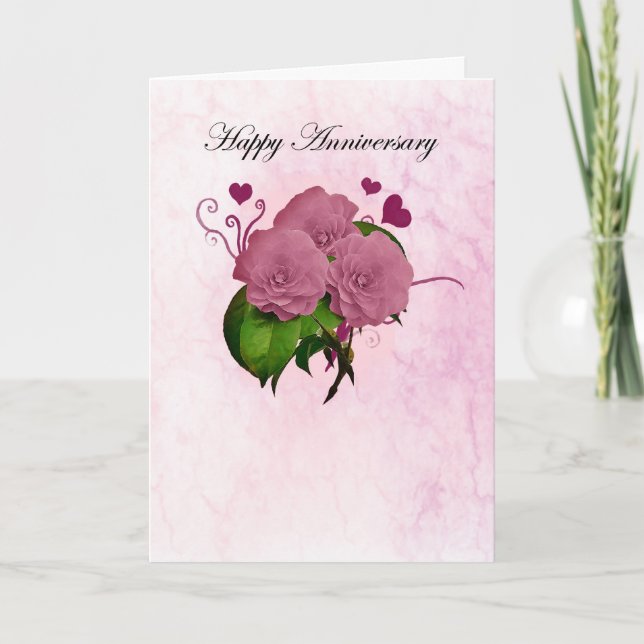 Tarjeta de aniversario con rosas y corazones rosad (Anverso)