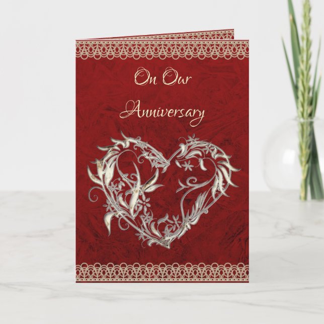 Tarjeta de aniversario Corazón, Perlas y Rosas (Anverso)
