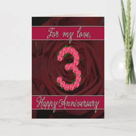 tarjeta de aniversario de 3 años con rosas y hojas