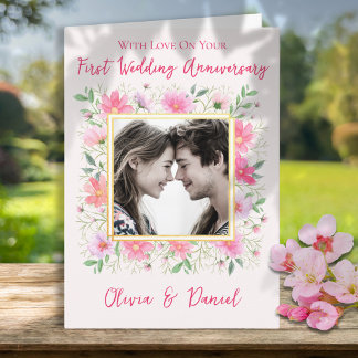 Tarjeta de aniversario de boda floral con una foto
