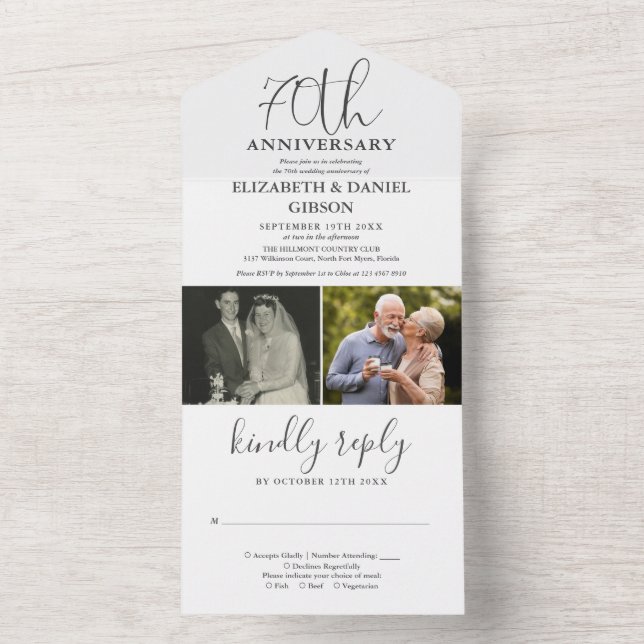 Tarjeta de Aniversario de Bodas de 70 años Then An (Interior)