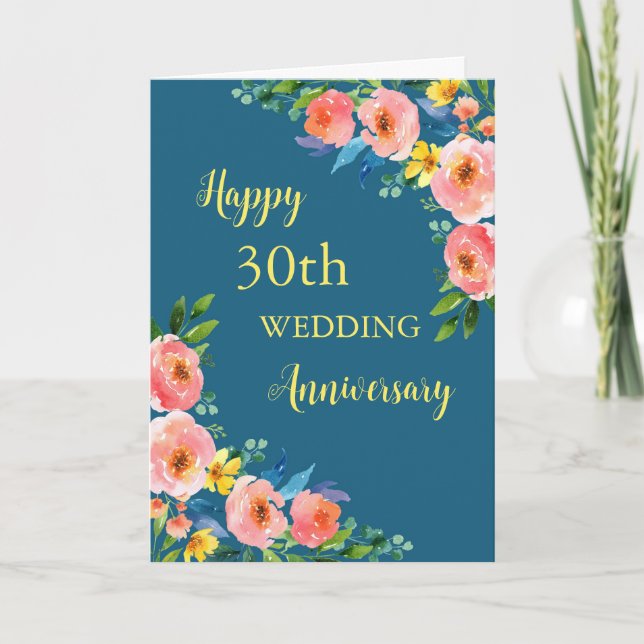 Tarjeta de aniversario de bodas de acuarela Flores (Anverso)