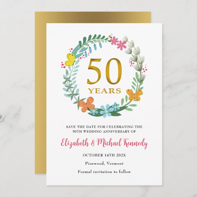 Tarjeta de Aniversario de Bodas de Oro 50º Guardar (Anverso / Reverso)