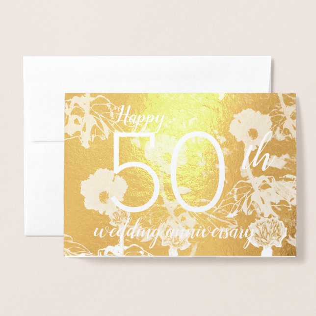 Tarjeta de aniversario de bodas de oro con flores  (Anverso con sobre)