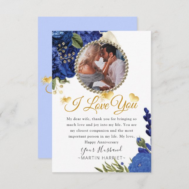 Tarjeta de aniversario de esposa con flores azules (Anverso / Reverso)