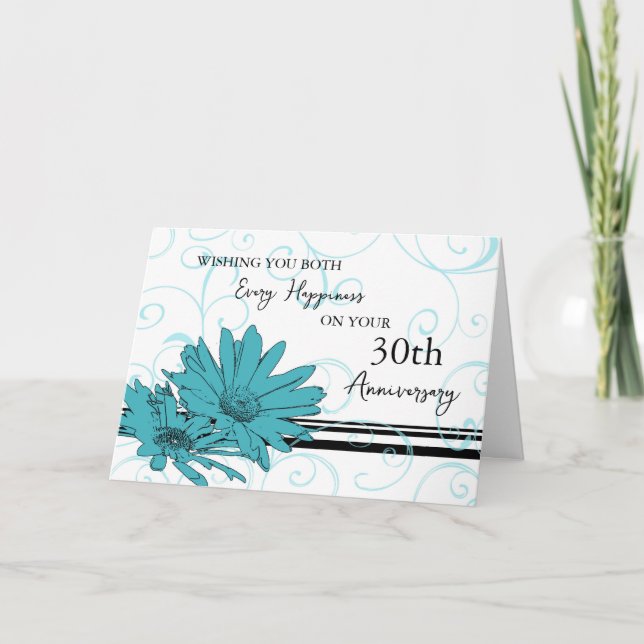 Tarjeta de aniversario de Floral Azul 30 Boda (Anverso)