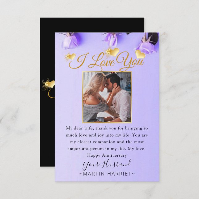 Tarjeta de aniversario de foto de flores púrpuras  (Anverso / Reverso)