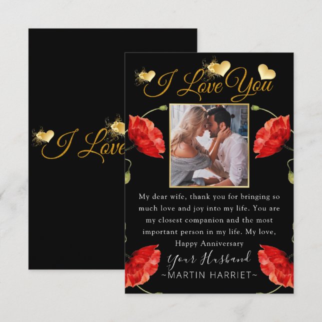 Tarjeta de aniversario de foto de flores rojas ama (Anverso / Reverso)